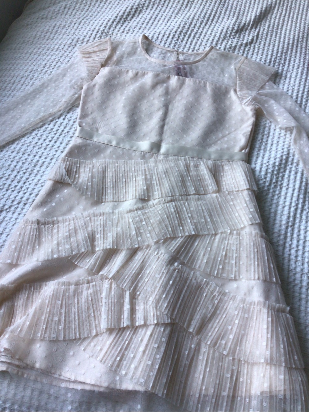 BCBGirls Cream Tiered Ruffle Dress with Sheer Dot Sleeves